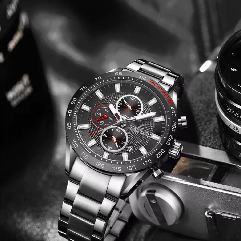CRRJU 2306 Men’s High-Quality Sports Watch – Japanese Quartz Movement Waterproof with Luminous Hands Black Dial