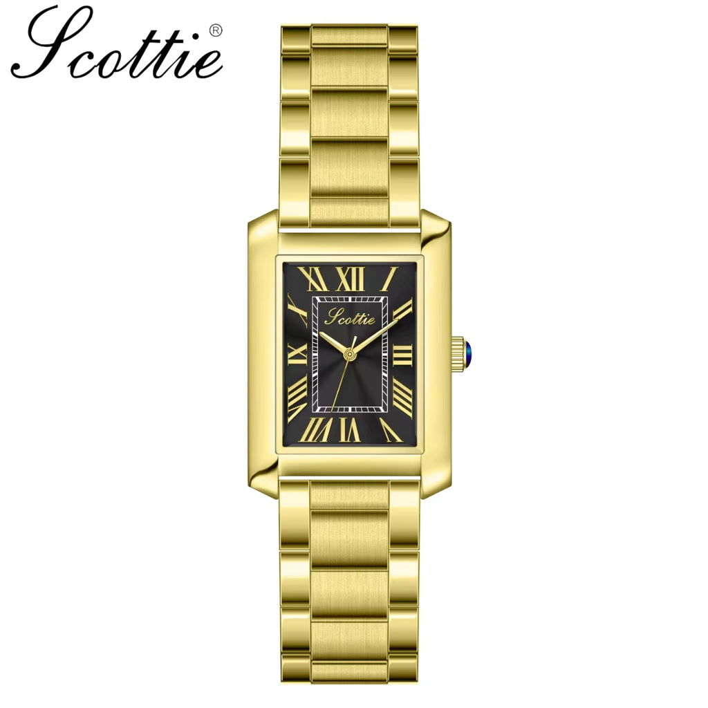 Scottie 9655 Women’s Classic Square Gold Watch – Luxury Stainless Steel Quartz Wristwatch  Black