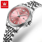 OLEVS 3703 Women’s Elegant Stainless Steel Watch – High Quality Classic Luxury Quartz Wristwatch  - Pink and Silver