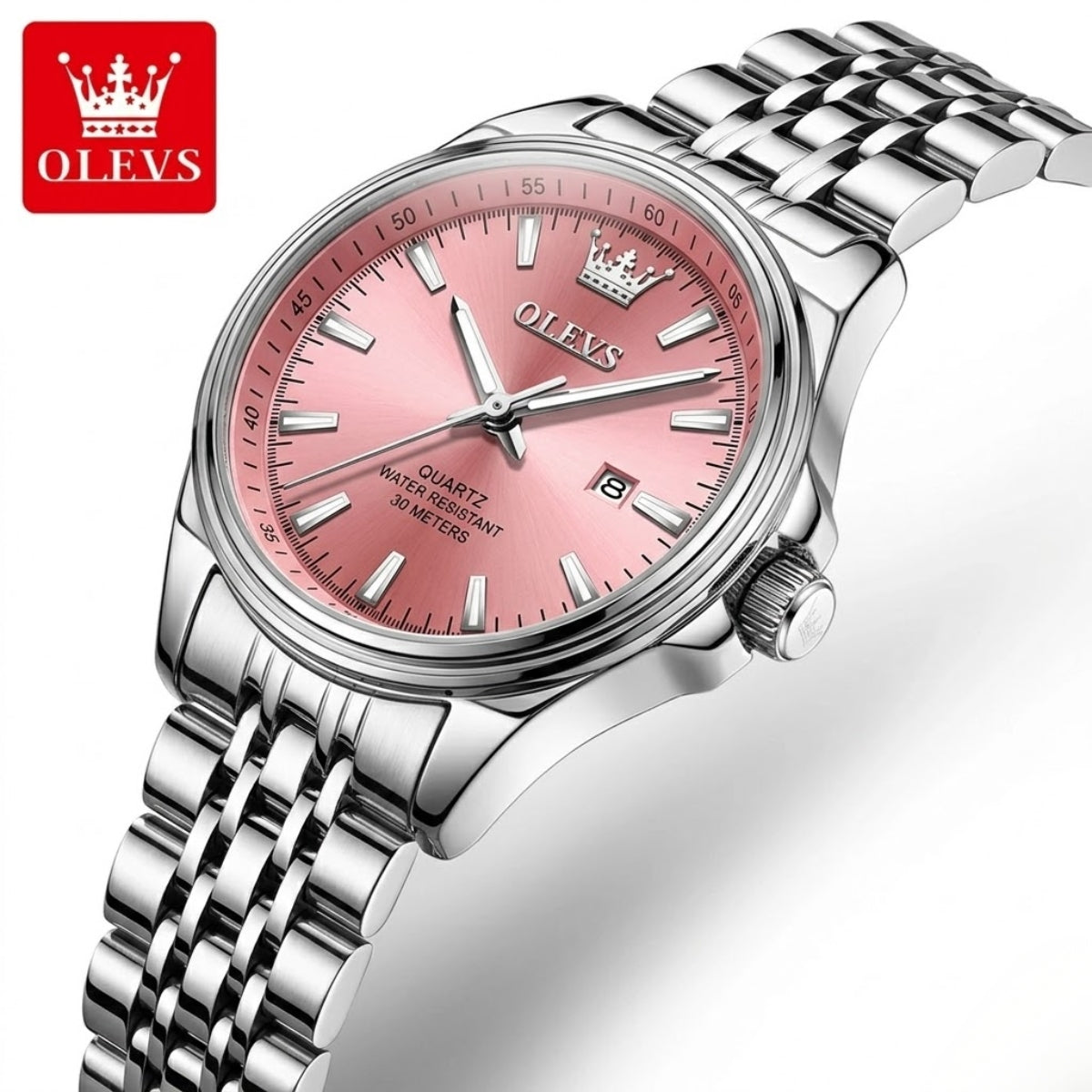 OLEVS 3703 Women’s Elegant Stainless Steel Watch – High Quality Classic Luxury Quartz Wristwatch  - Pink and Silver