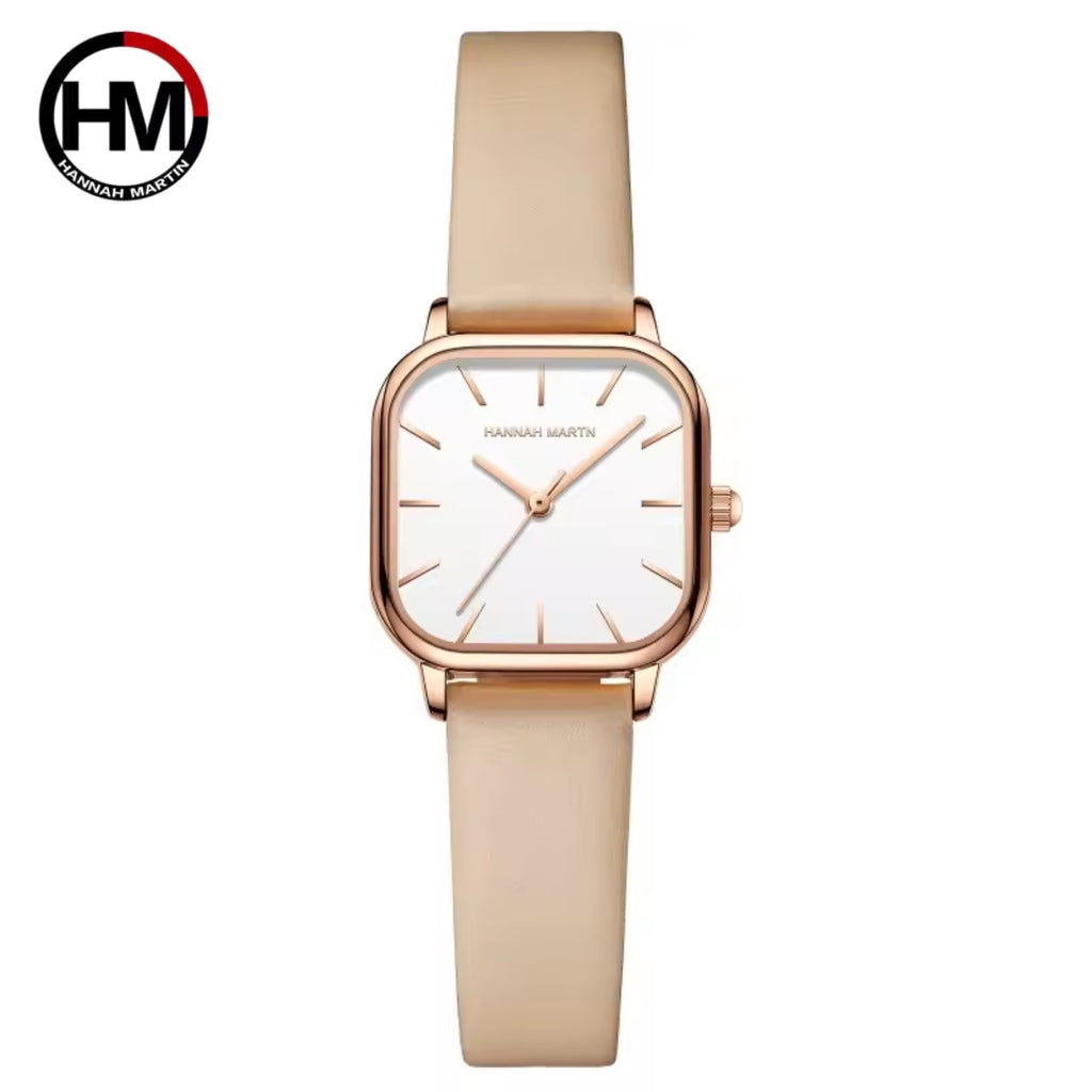 Hannah Martin 1591 Women’s Square Watch – Waterproof Leather Quartz Business Wristwatch White Dial