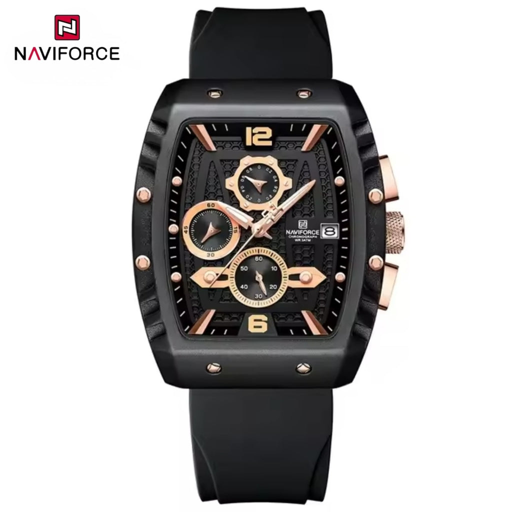 NAVIFORCE 8025 Men’s  Designer Watch – New Quartz Chronograph with Rubber Strap - Black and Gold
