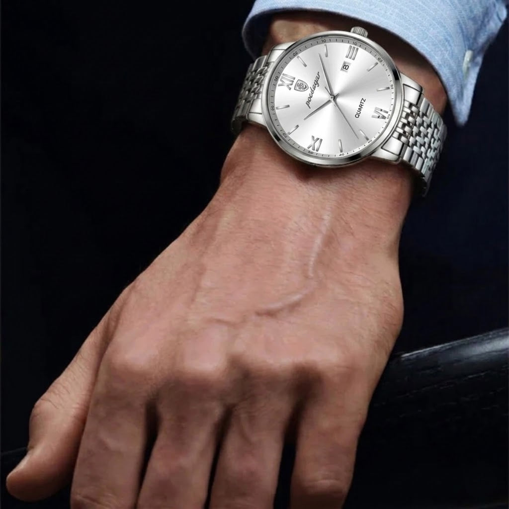 POEDAGAR 826 Waterproof Watch – High-Grade Stainless Steel Quartz Movement Luxury Date Display Wristwatch for Men White