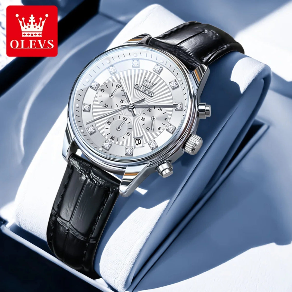 OLEVS 3669 Women’s Multi-Function Watch – Genuine Leather Chronograph Quartz Wristwatch Silvery White