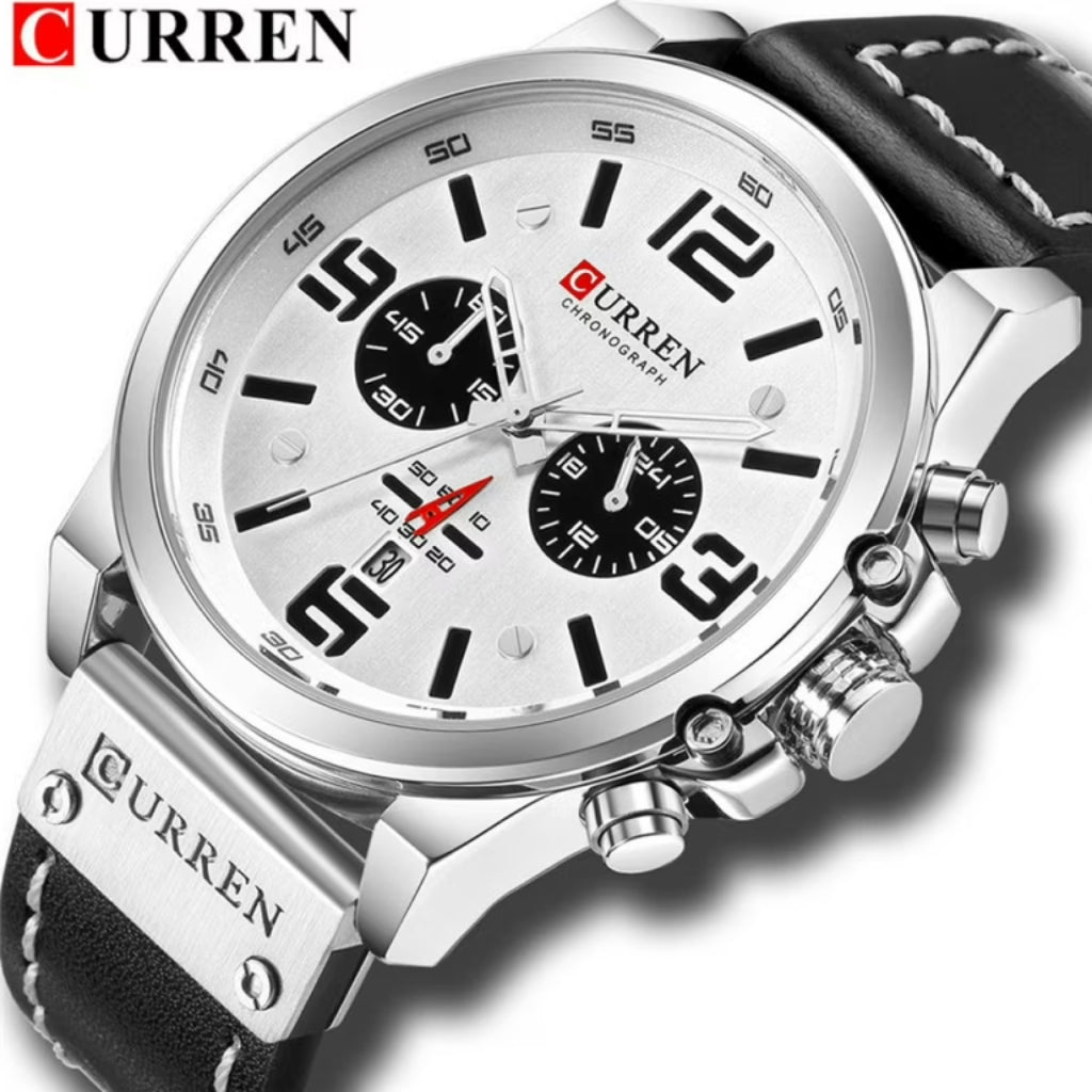 Curren 8314 Men Sport Chronograph Watch Top Fashion Genuine Leather Wristband Waterproof Quartz White
