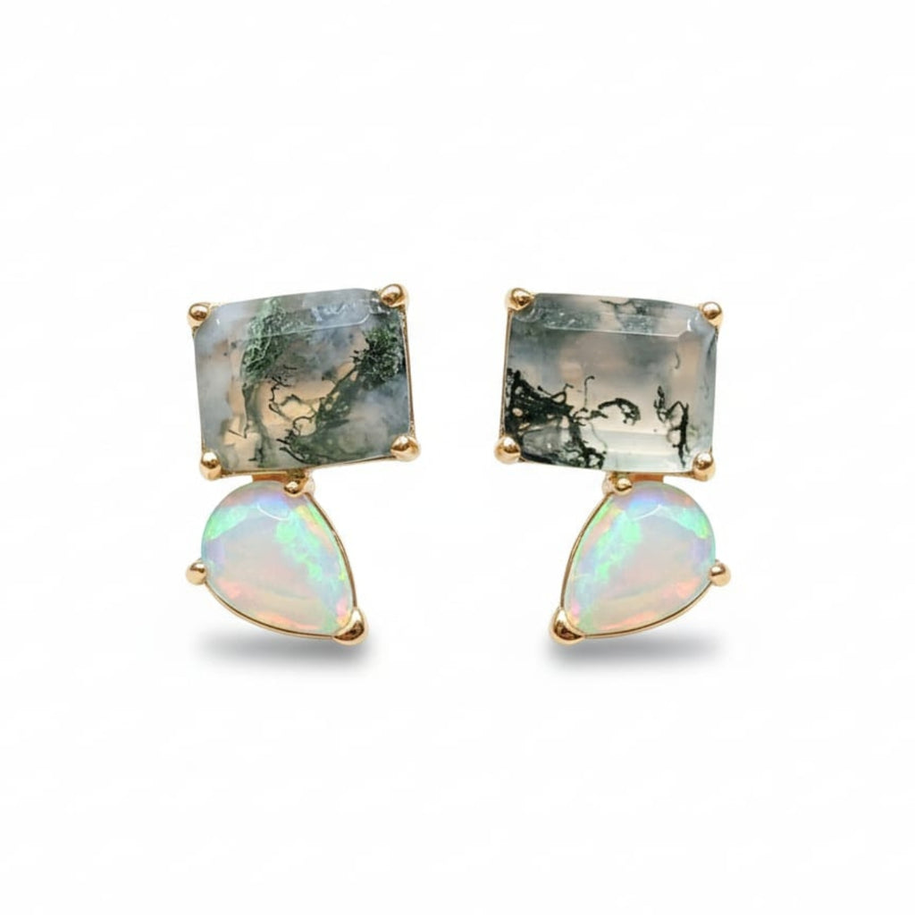 Studs with Moss Agate and Opal Accents