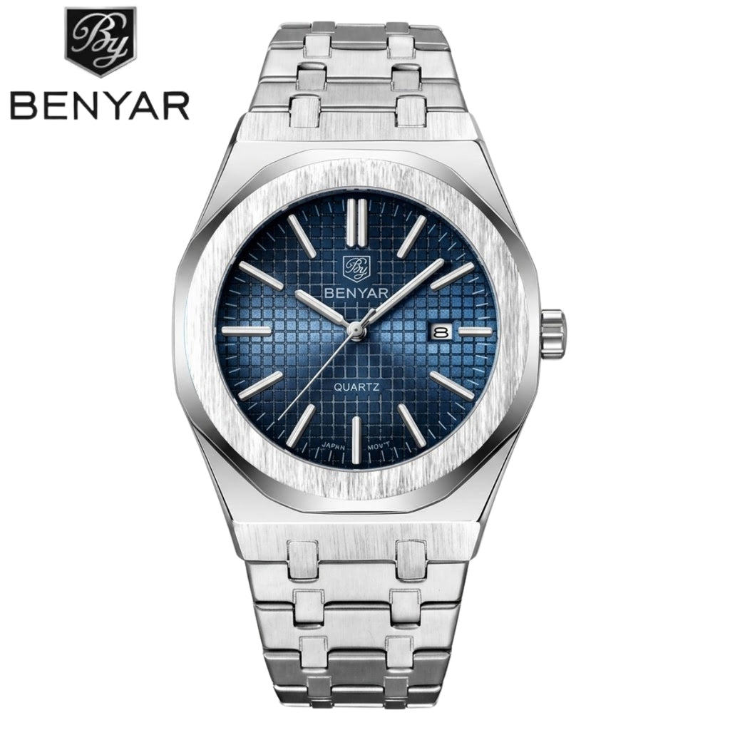 BENYAR 5156 Men's Luxury integrated-Bracelet "Royal Oak" Inspired Design - Silver and Blue Watch