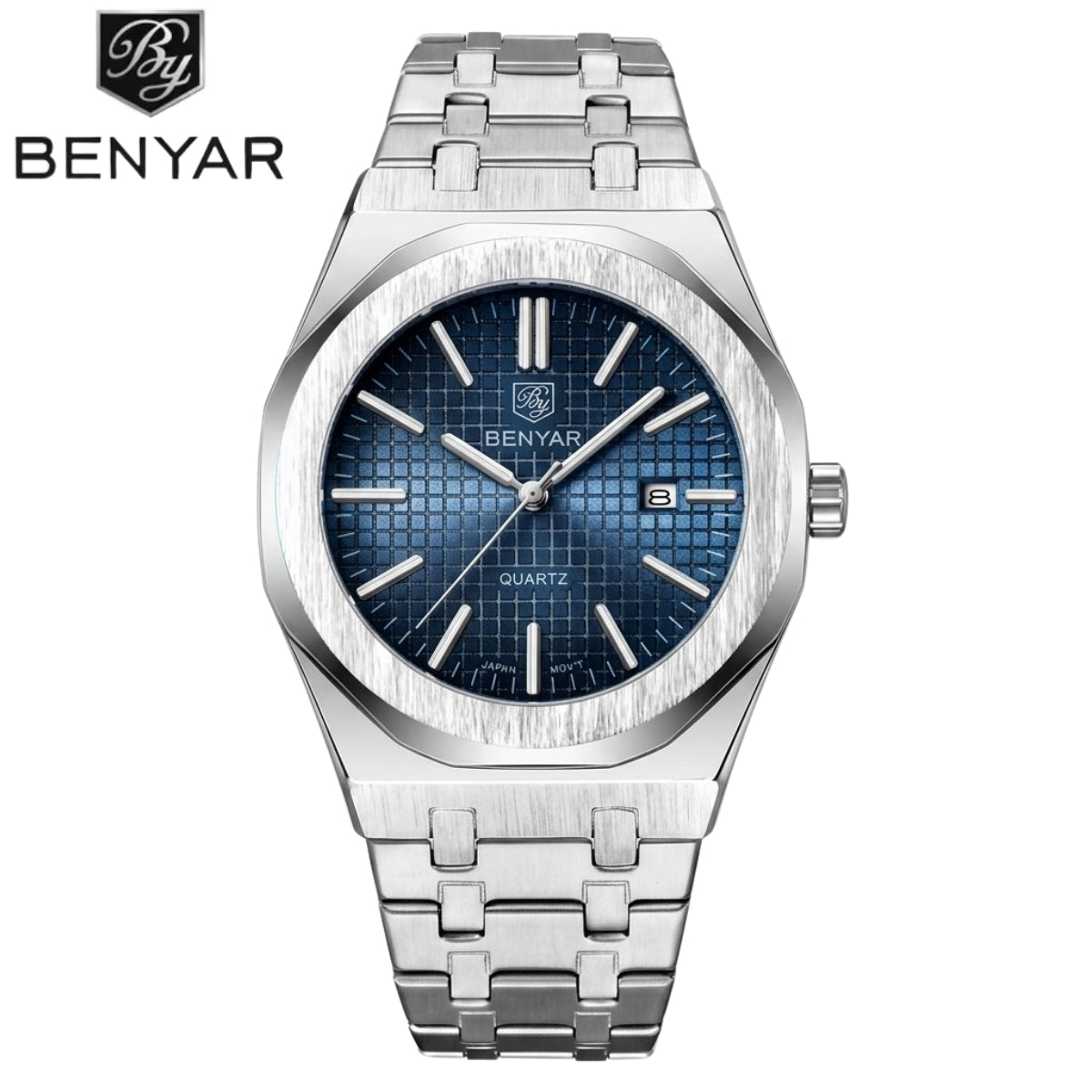 BENYAR 5156 Men's Luxury integrated-Bracelet "Royal Oak" Inspired Design - Silver and Blue Watch