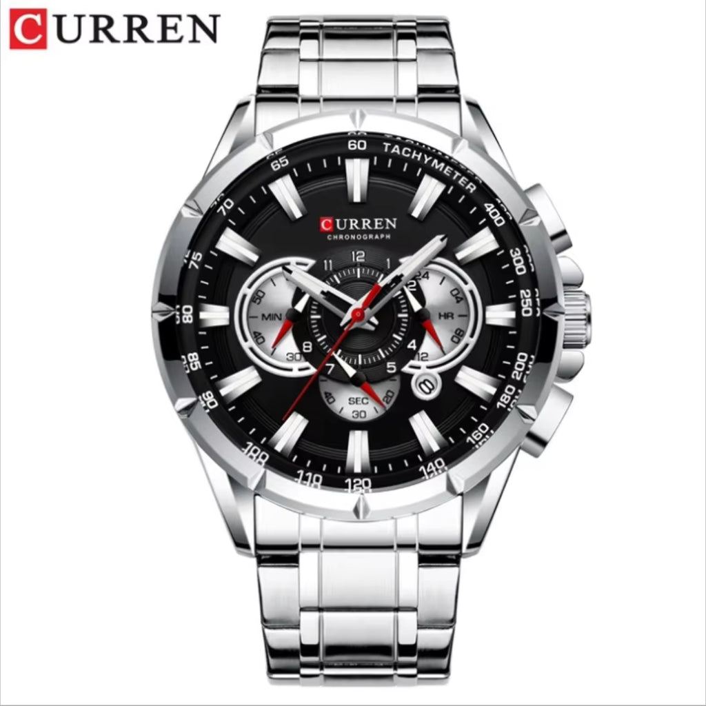 Curren 8363 Men's Watch Multifunctional Waterproof Chronograph Quartz Silver and Black
