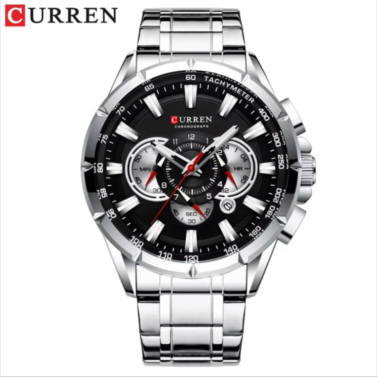 Curren 8363 Men's Watch Multifunctional Waterproof Chronograph Quartz Silver and Black