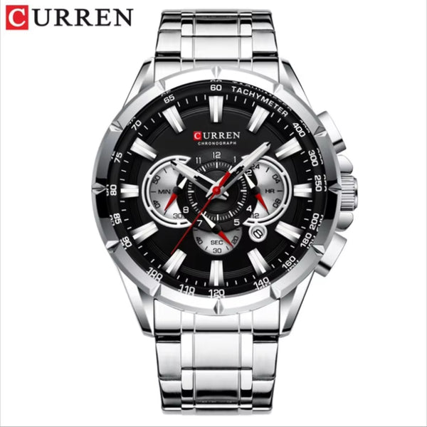 Curren 8363 Men's Watch Multifunctional Waterproof Chronograph Quartz Silver and Black