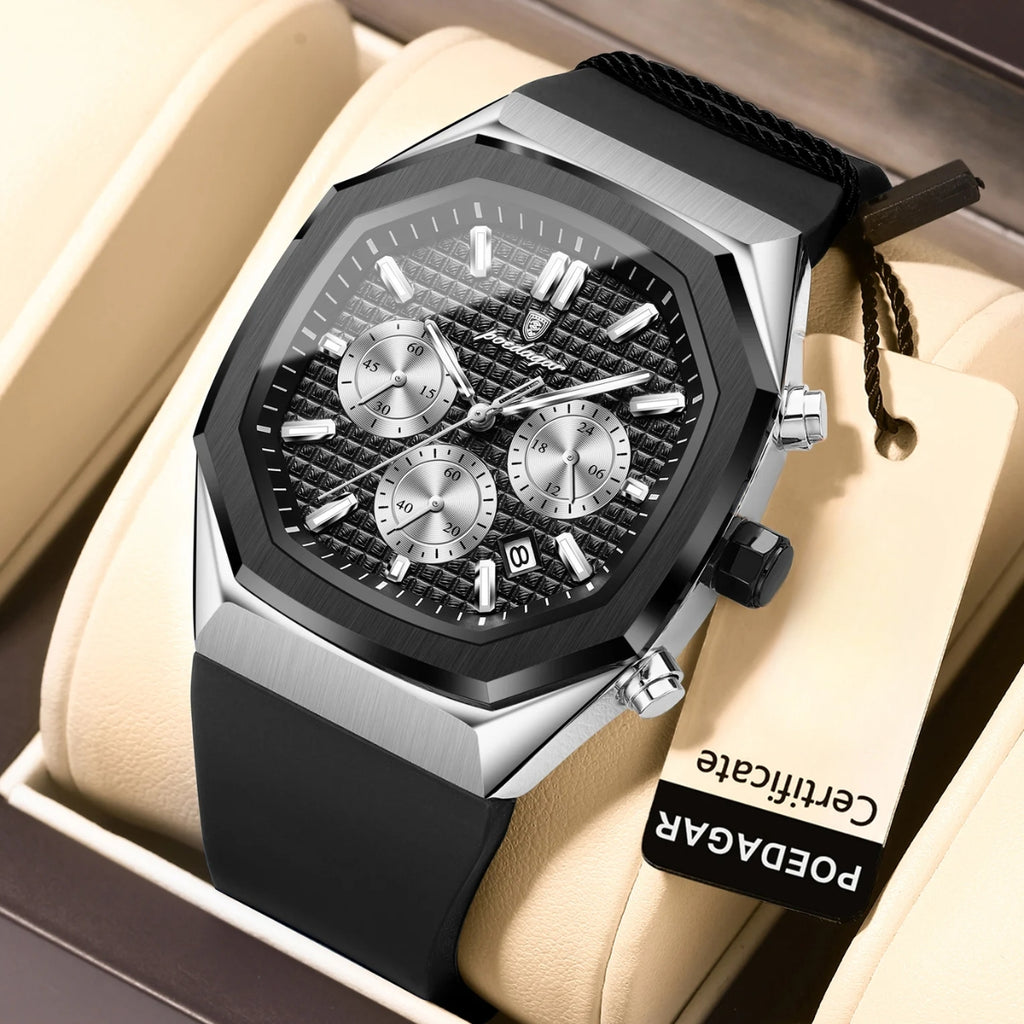 POEDAGAR 893 Elite Sports: Luxury Men’s Chronograph – High-Performance Silicone Strap, Waterproof & Luminous Quartz Movement Silver Black