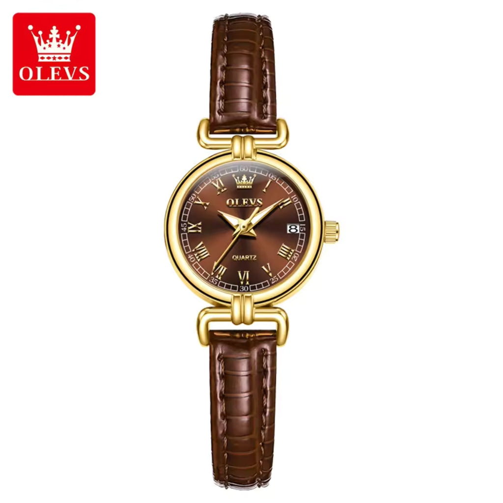 OLEVS 5645 Women’s Retro Classic Watch – Luxury Gold Quartz Wristwatch with Leather Strap & Roman Numerals Brown and Gold