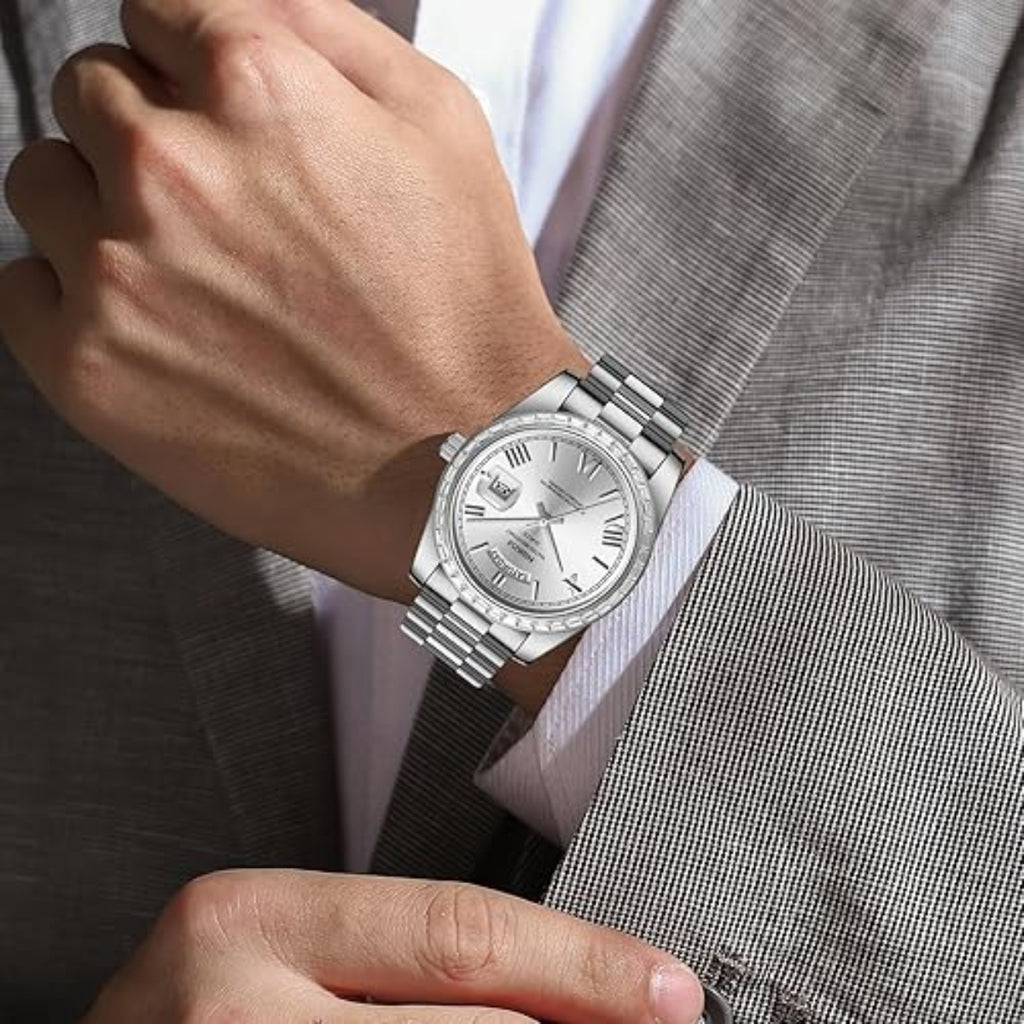 NIBOSI 2628 Luxury Men’s Quartz Watch – Faceted Crystal Bezel & Sunburst Dial Precision Business Timepiece Silver