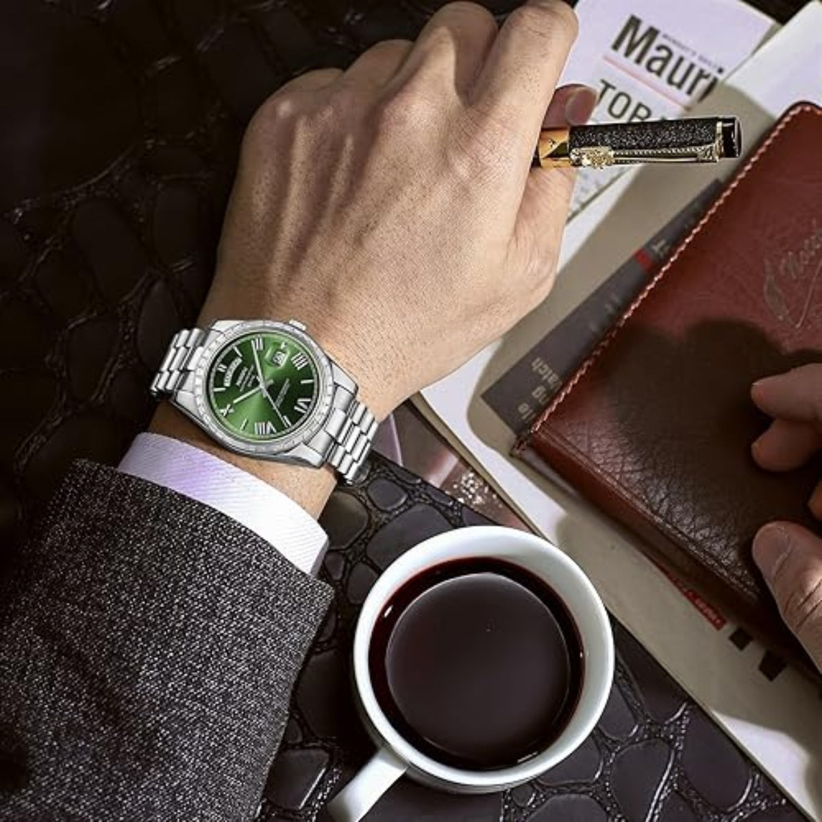 NIBOSI 2628 Luxury Men’s Quartz Watch – Faceted Crystal Bezel & Sunburst Dial Precision Business Timepiece Silver Green
