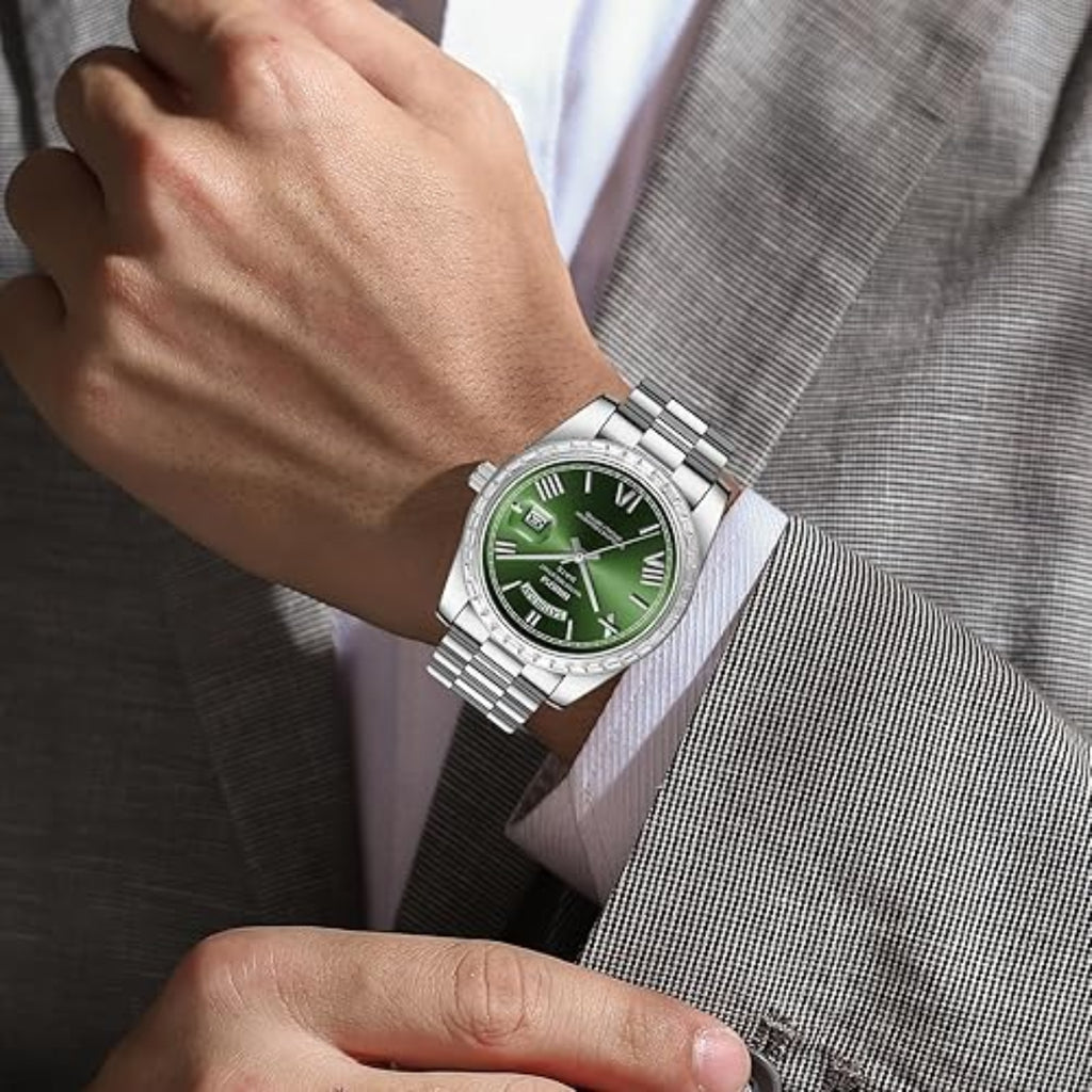 NIBOSI 2628 Luxury Men’s Quartz Watch – Faceted Crystal Bezel & Sunburst Dial Precision Business Timepiece Silver Green