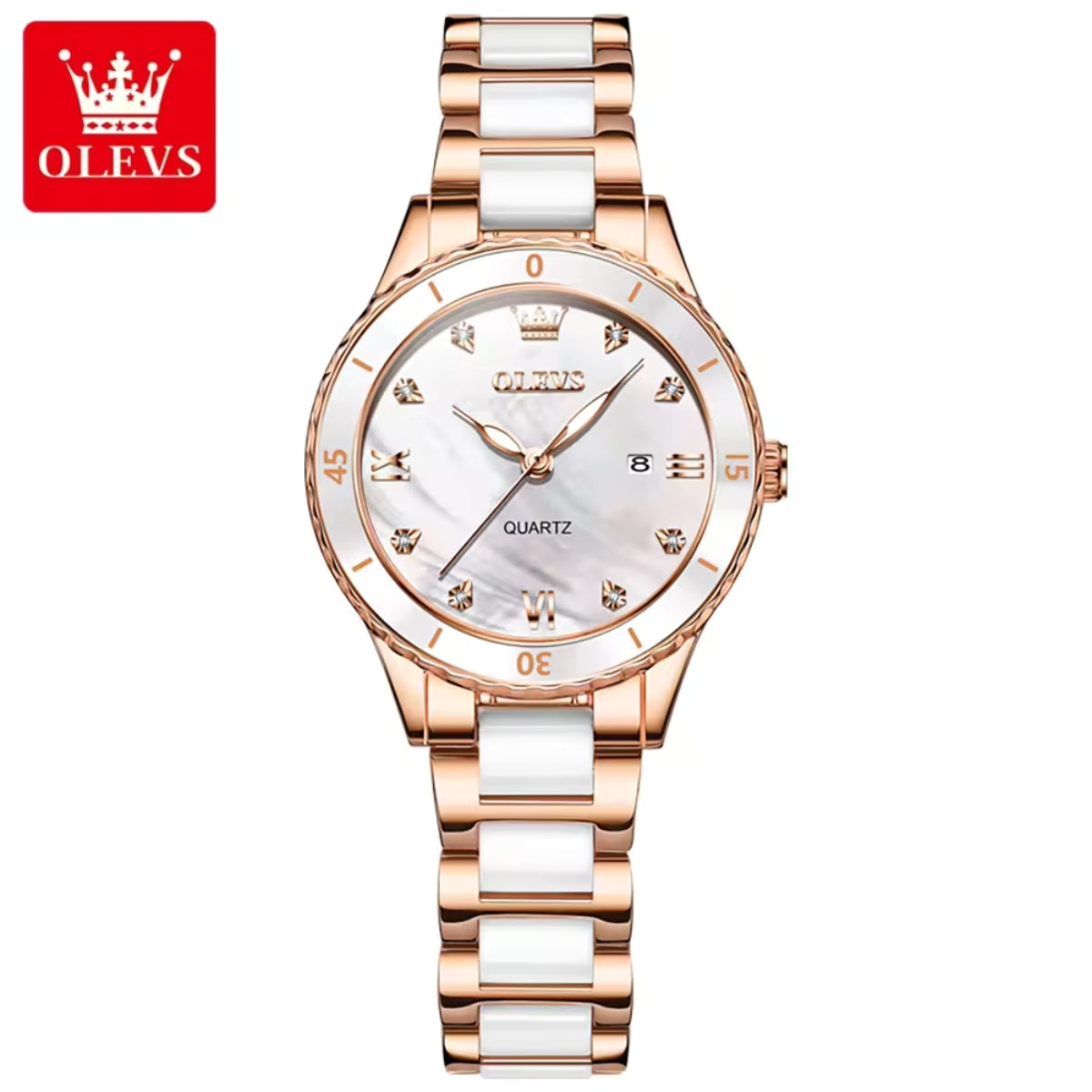 OLEVS 9985 Women’s Elegant Ceramic Watch – Waterproof Stainless Steel Quartz l Pearl White