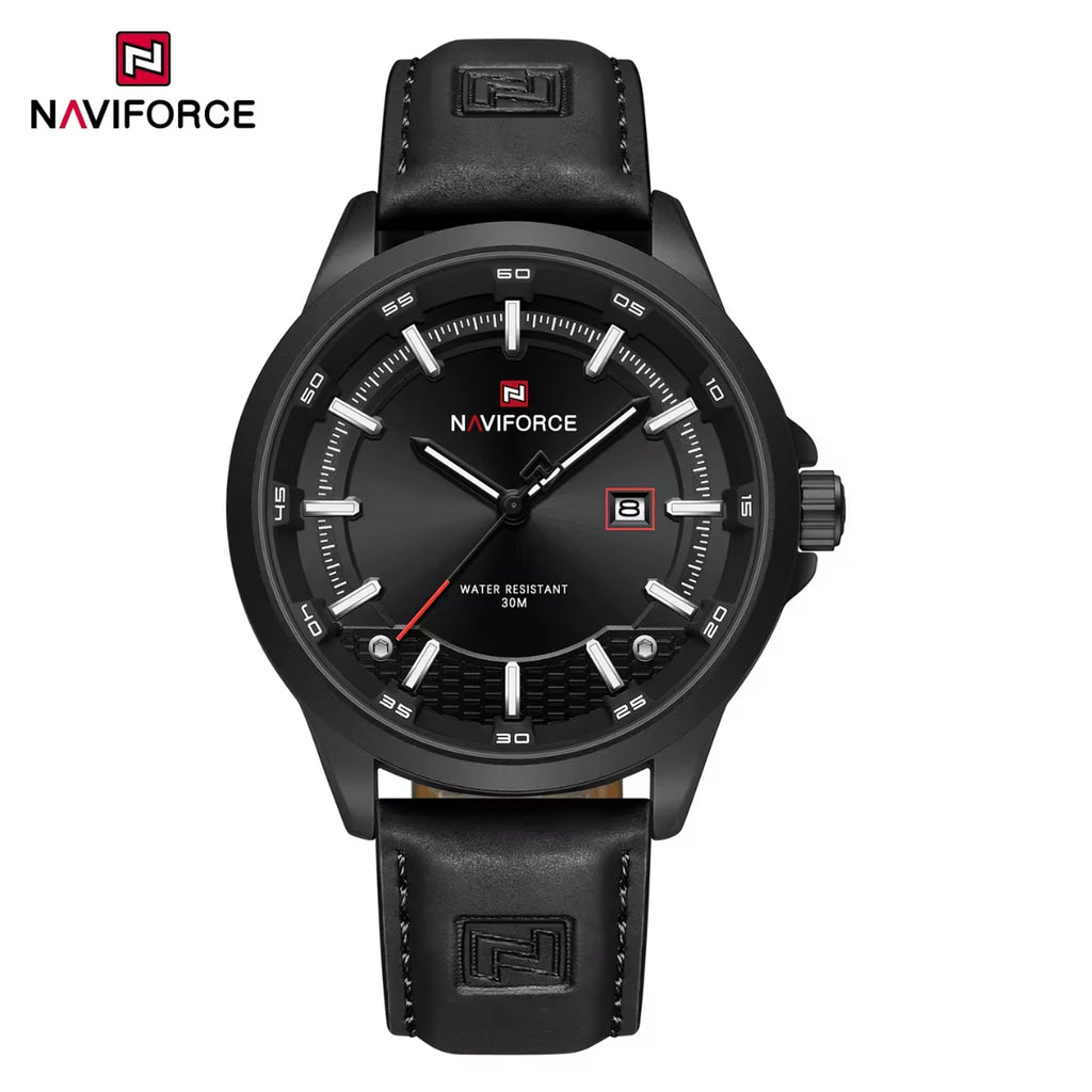 NAVIFORCE 9248 Men’s Fashion Sport Watch – Waterproof Quartz Analog Wristwatch with Leather Strap Black