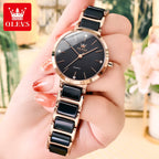 OLEVS 5877 Women’s Luxury Ceramic Watch – Designer Casual Quartz Wristwatch with Matching Bracelet Black