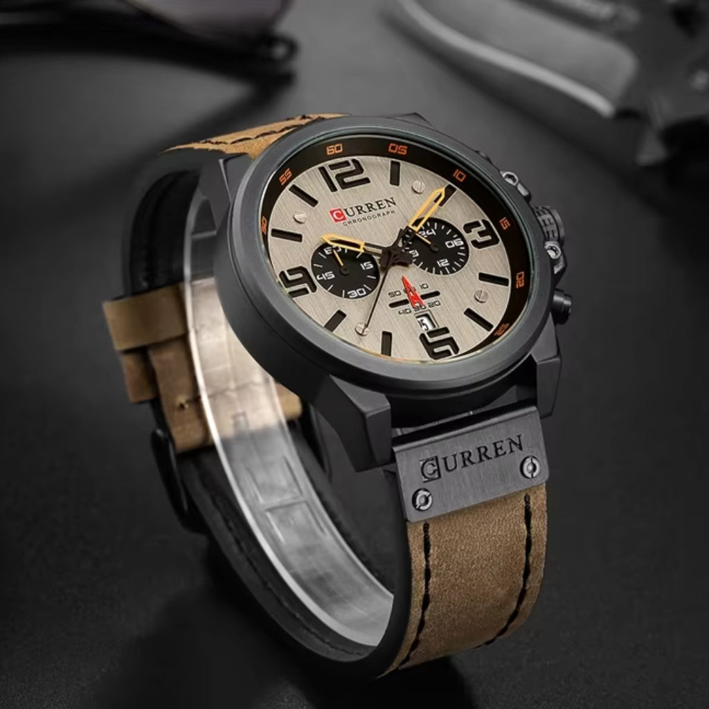 Curren 8314 Men Sport Chronograph Watch Top Fashion Genuine Leather Wristband Waterproof Quartz Light Brown