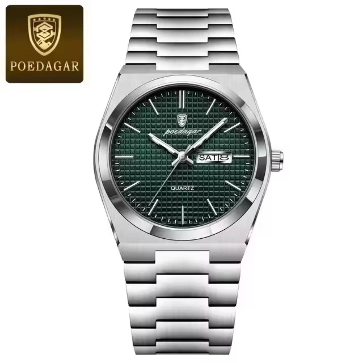 Poedagar 821 Men's Luxury Fashion Watch – Waterproof Luminous Quartz Wristwatch with Stainless Steel Band Green