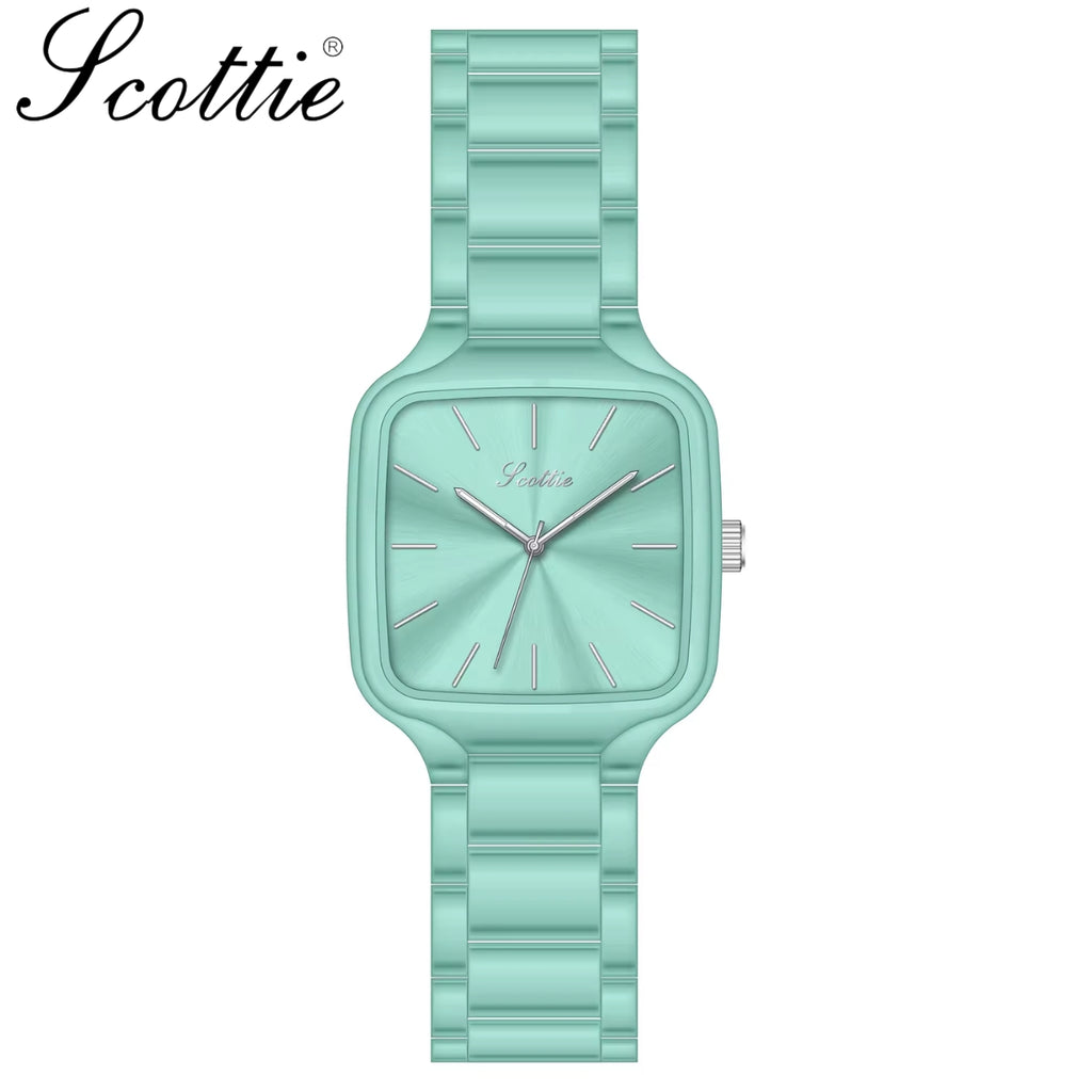 Scottie 9718 Women’s Luxury Square Watch – Stainless Steel Quartz with Green Color