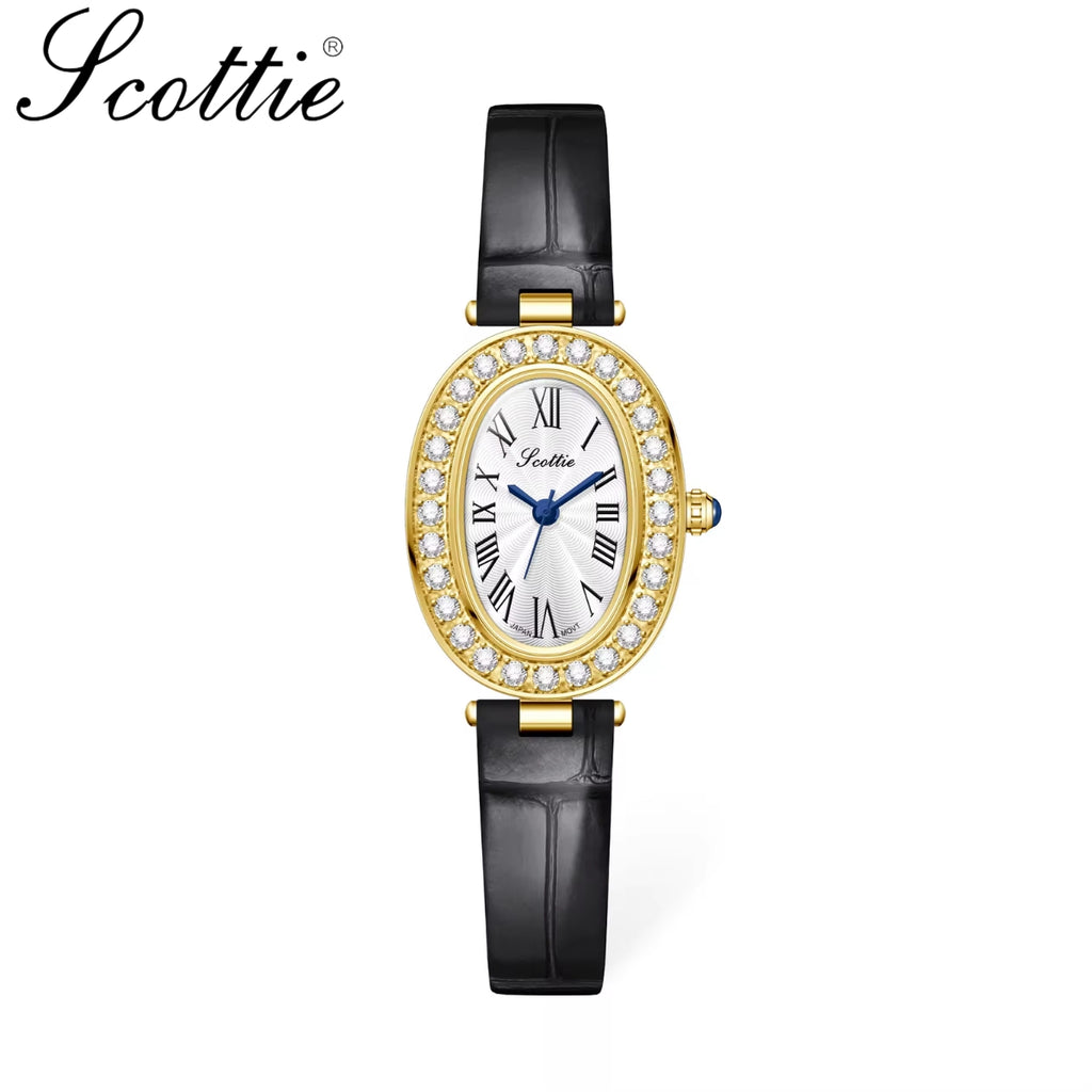 Scottie 9780 Women’s High-End Oval Watch – Elegant Leather Quartz Wristwatch for - Black and Gold