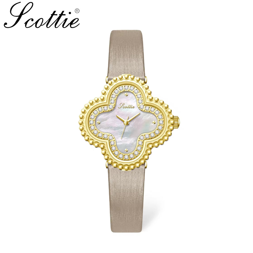 Scottie 9686 Women’s Watch – Waterproof Quartz with Diamond Accents & Leather Strap Gold
