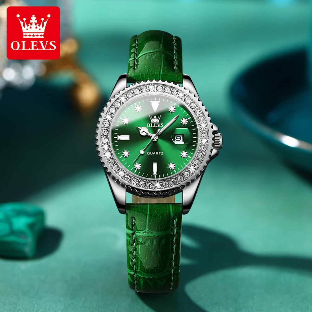 OLEVS 9945 Women’s Minimalist Watch – Thin Black Leather Quartz Wristwatch with Vintage Green Dial