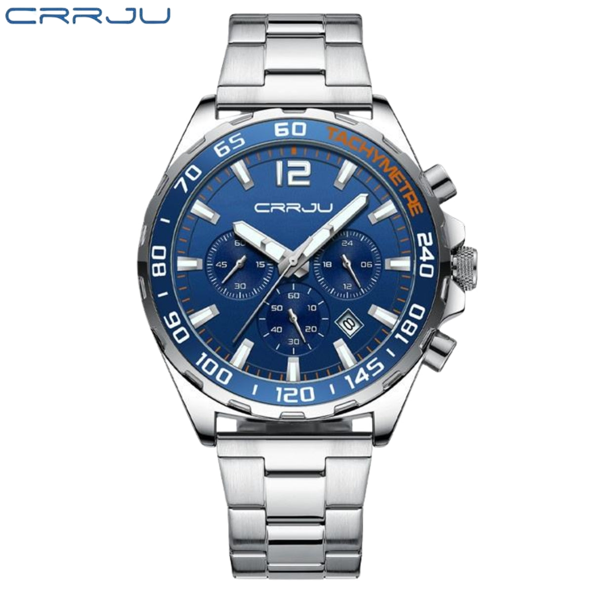 CRRJU 2299 Luxury Chronograph Watch – Premium Stainless Steel Bracelet, Elegant Business Wristwatch for Men Blue Silver