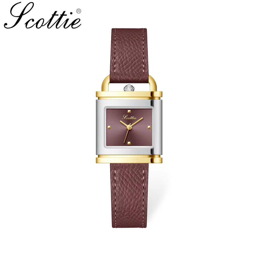Scottie 9741 Women’s Luxury Square Watch – Waterproof Custom Quartz Wristwear with Leather Strap Red