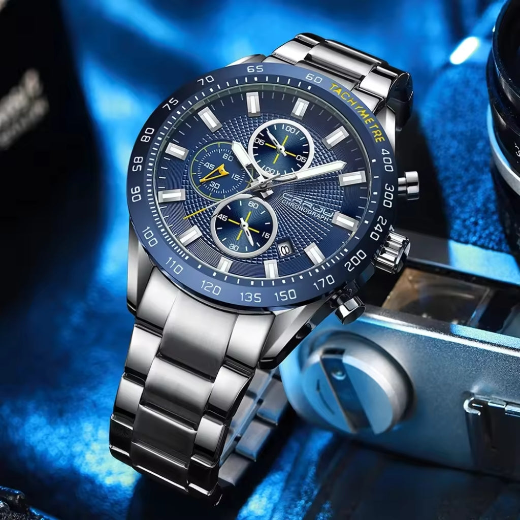 CRRJU 2306 Men’s High-Quality Sports Watch – Japanese Quartz Movement Waterproof with Luminous Hands Blue Dial
