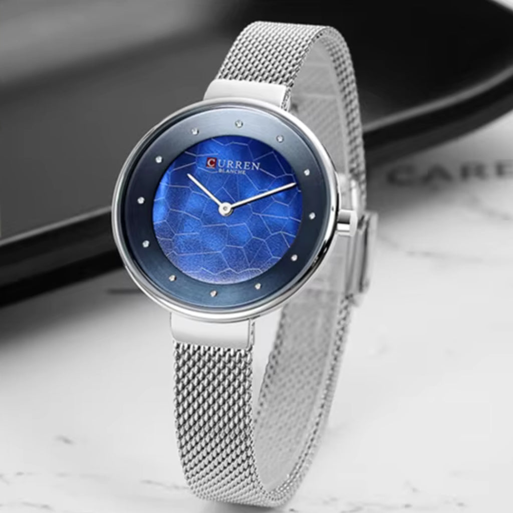 CURREN 9032 New Women’s Bracelet Watch – Simple Luxury Fashion Quartz Wristwatch for Girls Silver and Blue