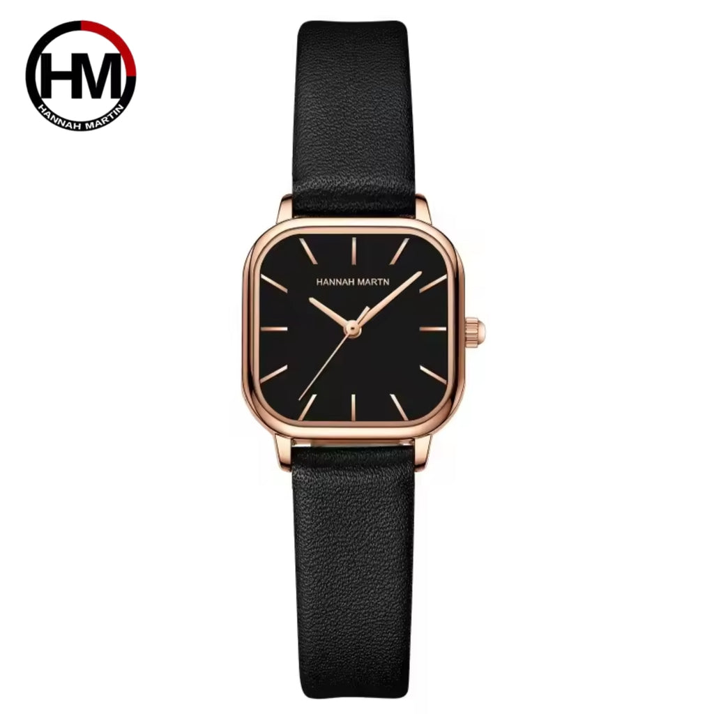 Hannah Martin 1591 Women’s Square Watch – Waterproof Leather Quartz Business Wristwatch Black Dial
