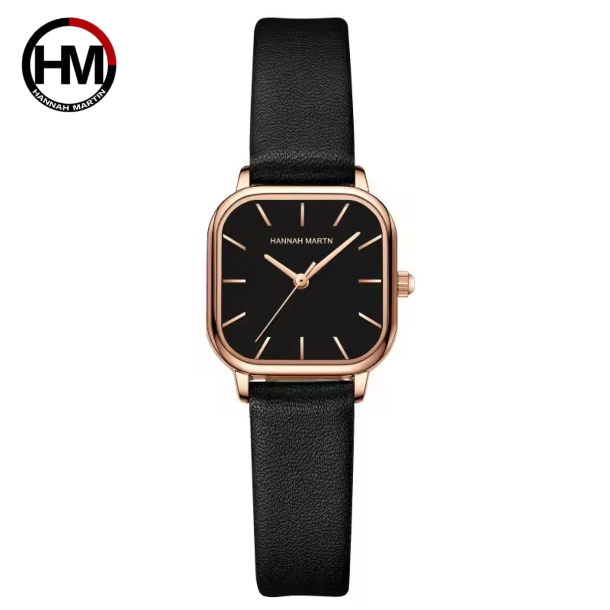 Hannah Martin 1591 Women’s Square Watch – Waterproof Leather Quartz Business Wristwatch Black Dial