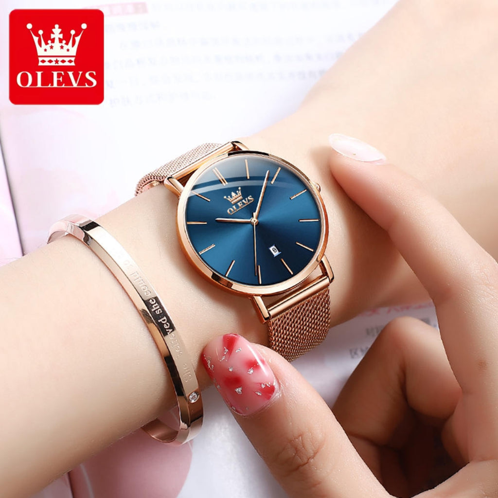 OLEVS 5869 Women’s Ultra-Thin Mesh Watch – Waterproof Luxury Quartz with Steel Strap Rose Gold and Blue