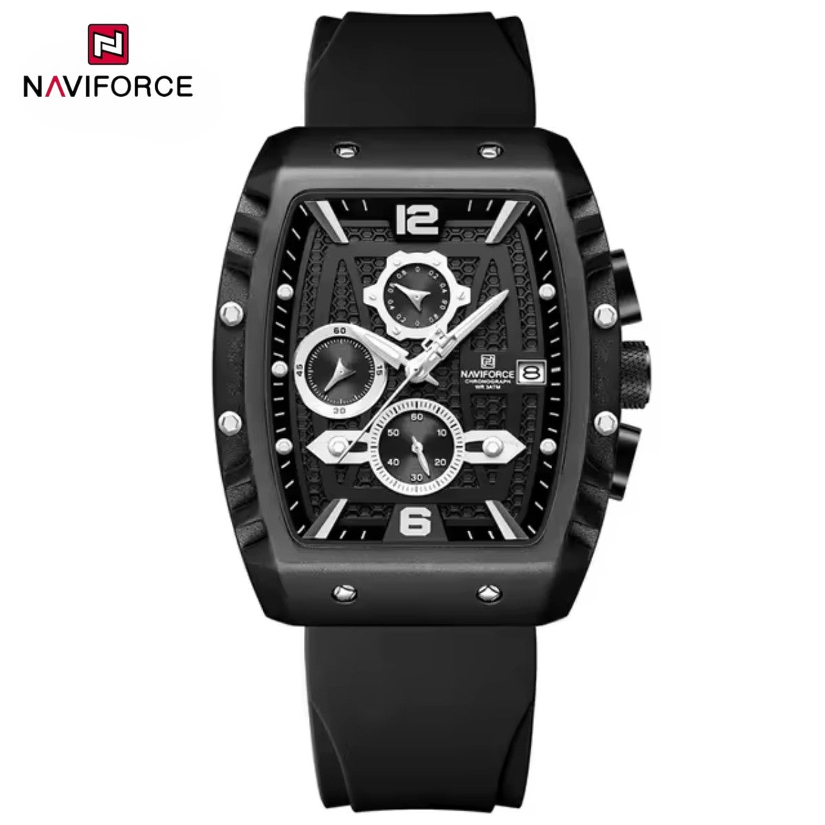NAVIFORCE 8025 Men’s  Designer Watch – New Quartz Chronograph with Rubber Strap - Black