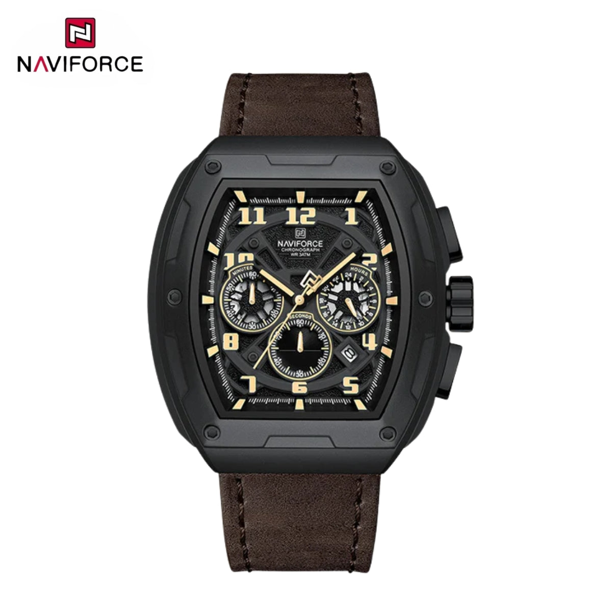 NAVIFORCE 8053 Men's Watch – Waterproof Sport Chronograph with Luxury Leather Band Coffee