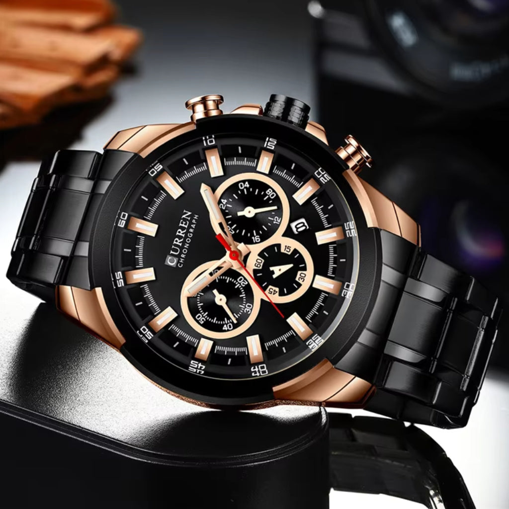 CURREN 8361 Men’s Luxury Chronograph Stainless Steel Waterproof Quartz Sports Watch with Date Black