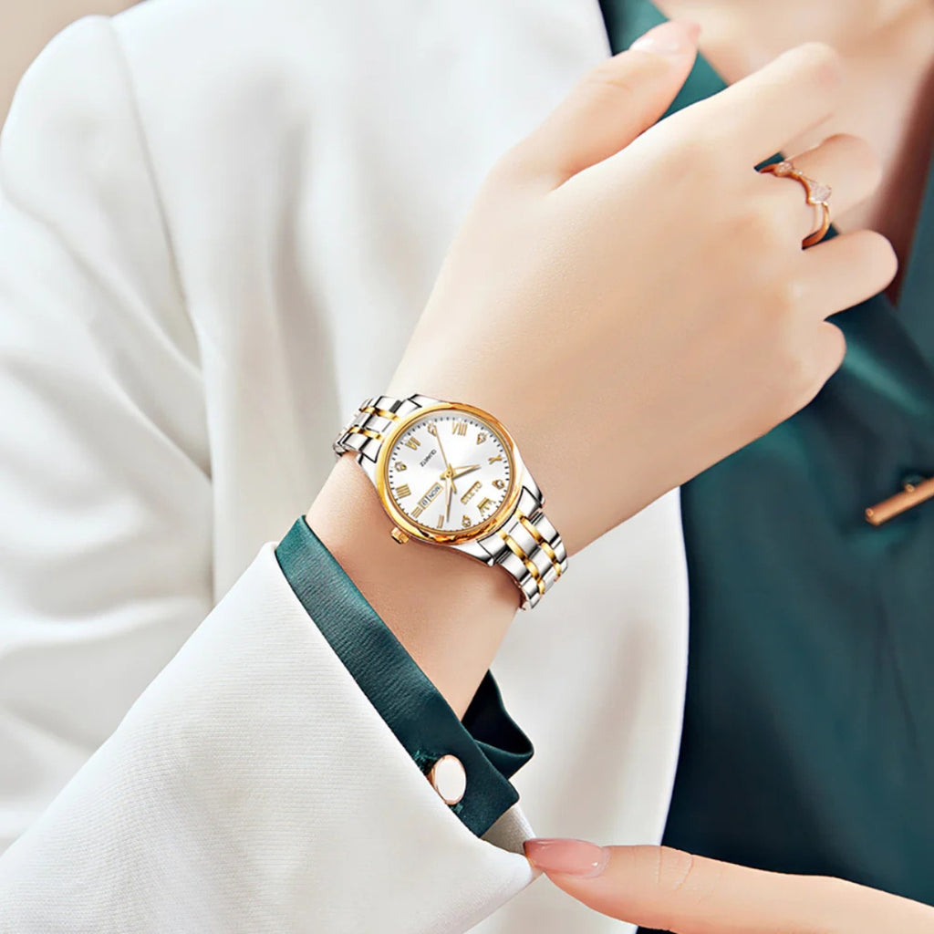 OLEVS 5563 Women’s Classic Watch – Luxury Stainless Steel Quartz Wristwatch Gold and White