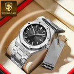 POEDAGAR 924 Men's Luxury Watch: Stainless Steel Waterproof Quartz with Day-Date & Luminous Display Silver Black