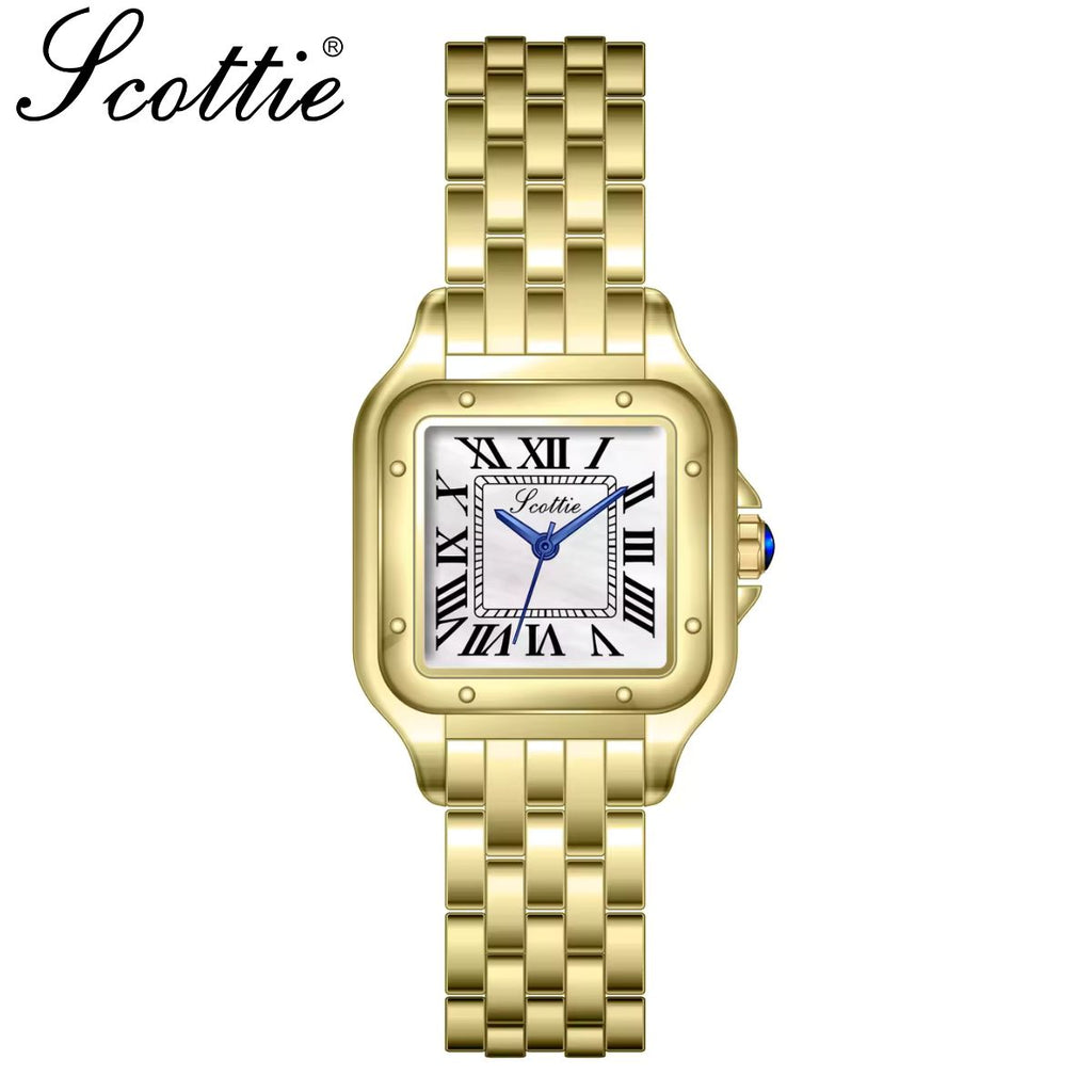 Scottie 9100 Women’s Square Watch – Luxury Stainless Steel Quartz with New Trendy Design Gold