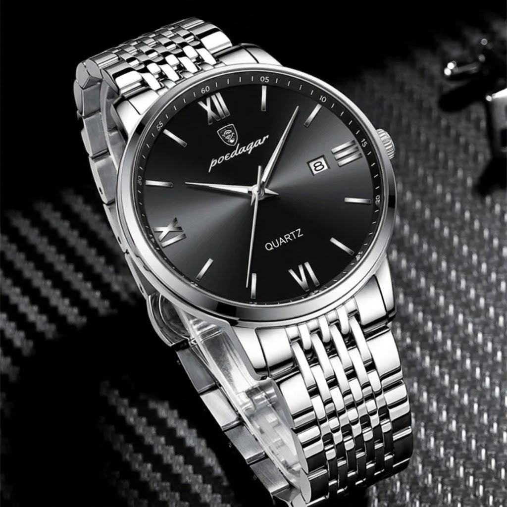 POEDAGAR 826 Waterproof Watch – High-Grade Stainless Steel Quartz Movement Luxury Date Display Wristwatch for Men Black