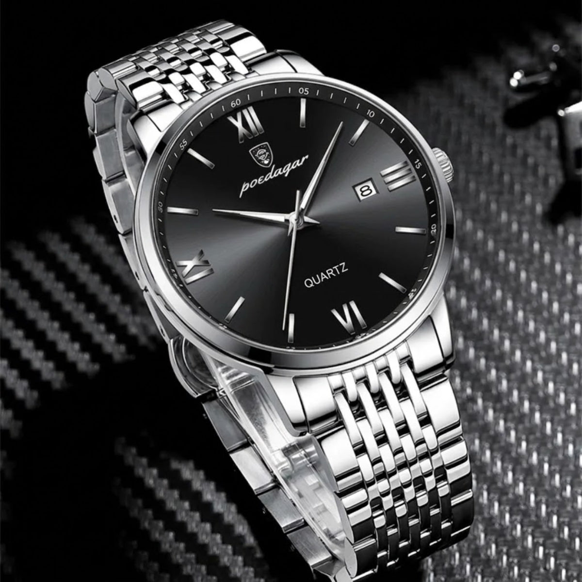 POEDAGAR 826 Waterproof Watch – High-Grade Stainless Steel Quartz Movement Luxury Date Display Wristwatch for Men Black