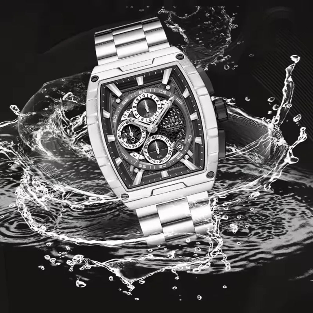 NAVIFORCE 8066 Luxury Chronograph Men's Watch – Heavy Duty Stainless Steel 3-Dial Quartz Sport Wristwatch with Date Display Black Silver