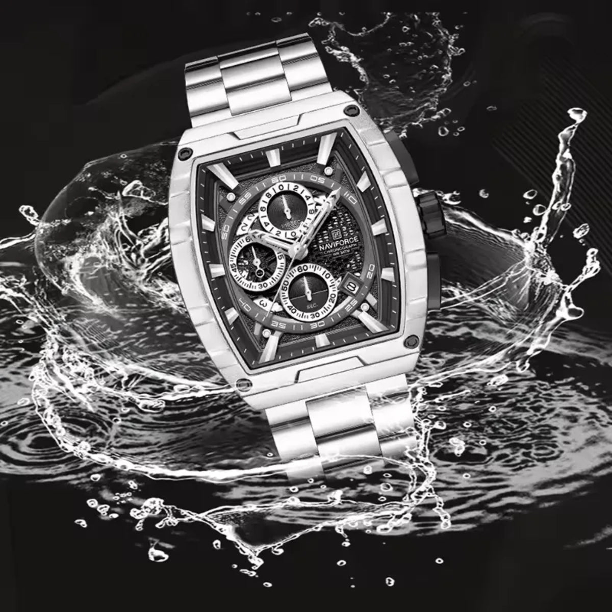 NAVIFORCE 8066 Luxury Chronograph Men's Watch – Heavy Duty Stainless Steel 3-Dial Quartz Sport Wristwatch with Date Display Black Silver