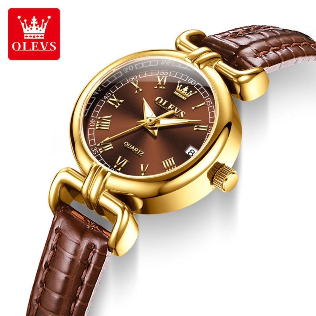 OLEVS 5645 Women’s Retro Classic Watch – Luxury Gold Quartz Wristwatch with Leather Strap & Roman Numerals Brown and Gold
