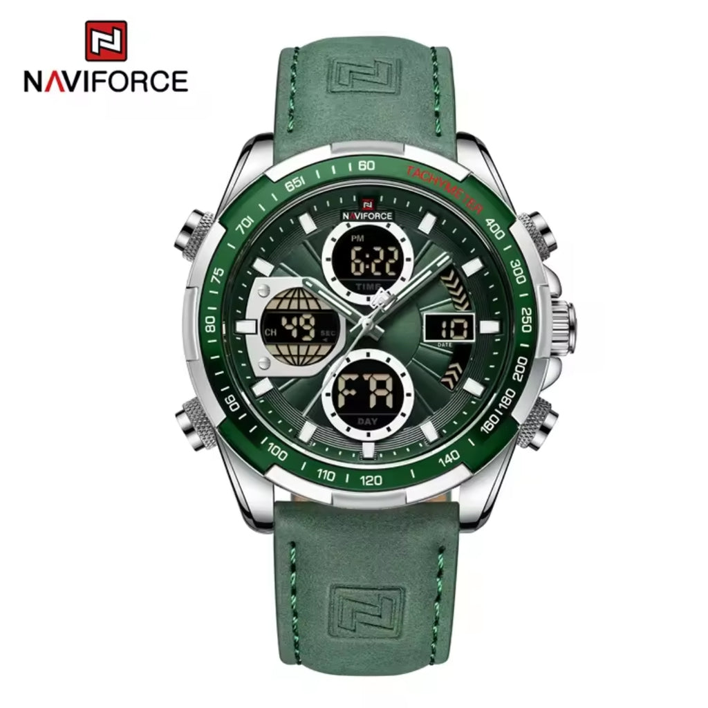 NAVIFORCE 9197 Men’s Dual-Display Watch – Luxury Analog-Digital Chronograph with Alarm & Waterproof Green