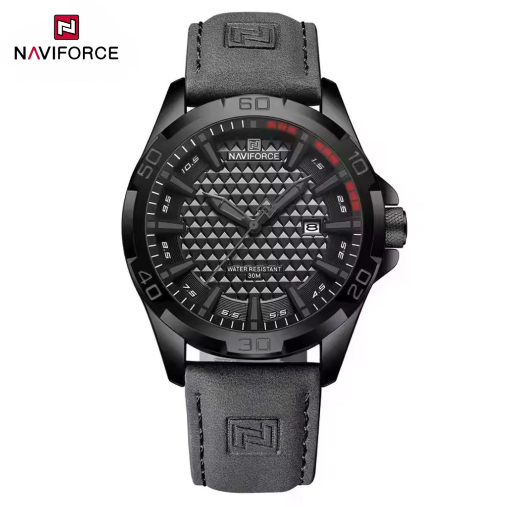 NAVIFORCE 8023 Men’s Original Fashion Watch – Waterproof Quartz Leather Wristwatch with Calendar Gray