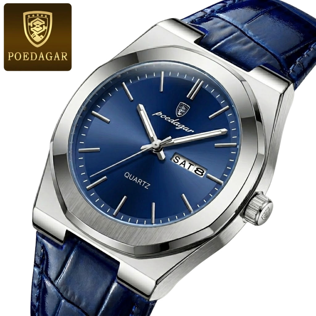 POEDAGAR 930 Men's Ultra-Thin 40mm Watch - Luminous Leather Strap Business Casual Quartz Silver Blue